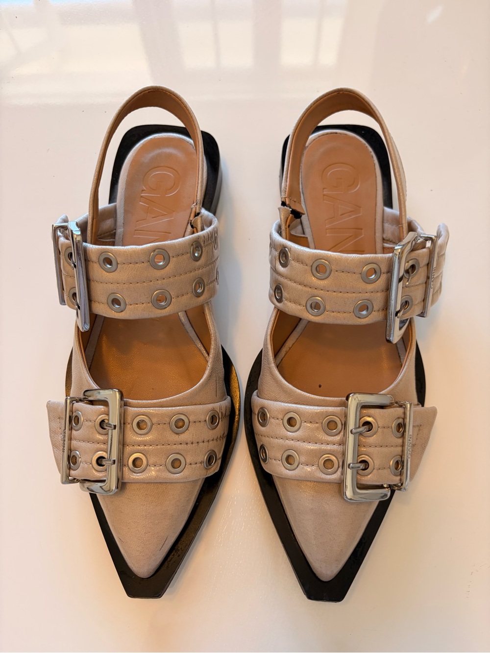 Ganni Beige Leather Double-Buckle Pointed Slingback Flats